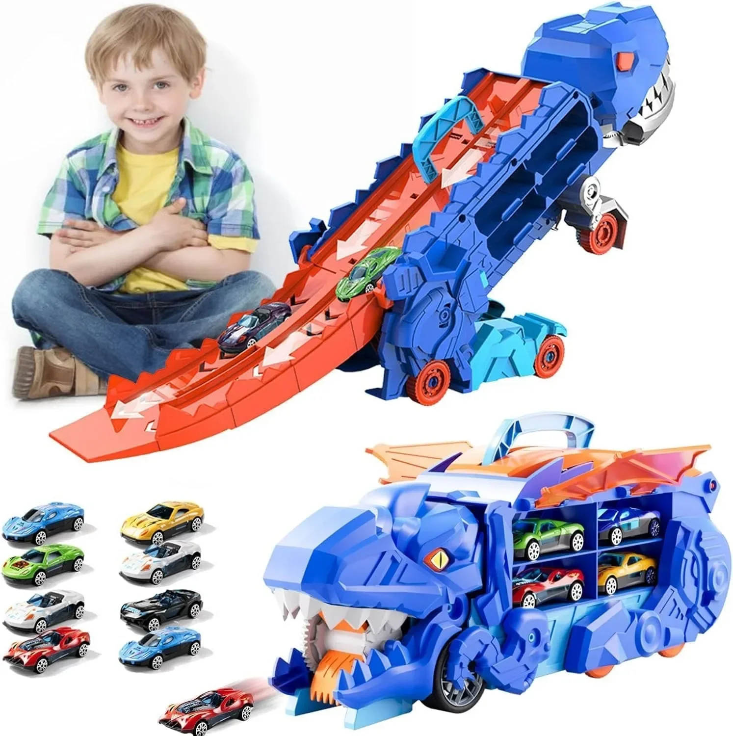 Dinosaur Track Car Toys Toddler Dinosaur Transporter Track Toys,Transforms into a Stomping Dinosaur with Racing Tracks