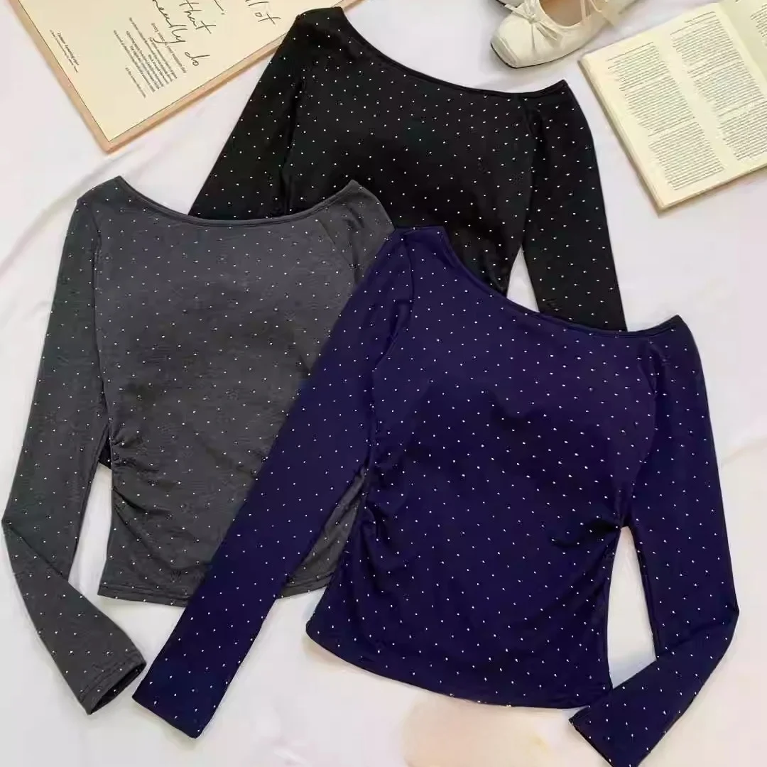Slim Fit Long Sleeve T-Shirt Women's Sexy Shoulder Design Removable Pad Slimming Effect Pure Color Cotton Blend Nylon Spandex