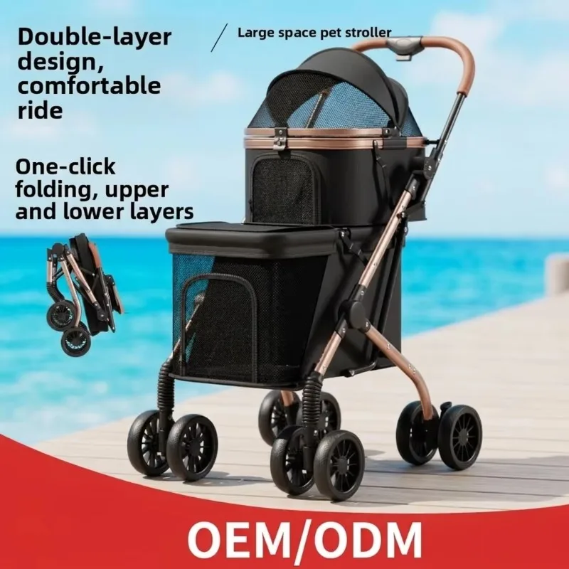 carrinho pet Pet Outdoor Stroller Carbon Steel One-Click Folding Medium- Small-Dog Double-Decker Cart for Dogs Cats Cross-Border
