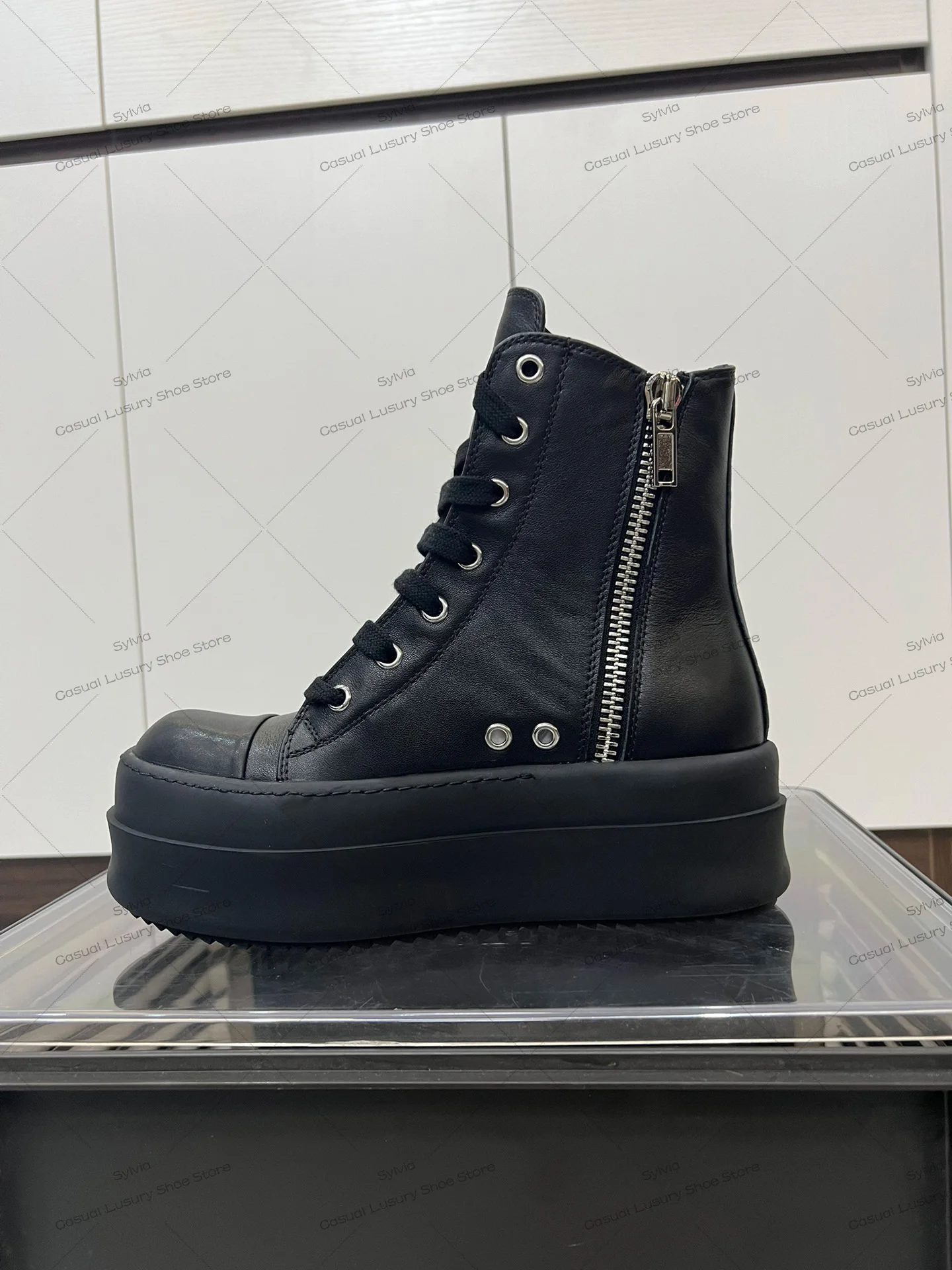 Ricks Luxury Designer Thick Sole Sneaker Real Leather High Top Black Sneaker Owens Luxury Casual Shoe Men Owens Women Ankle Boot