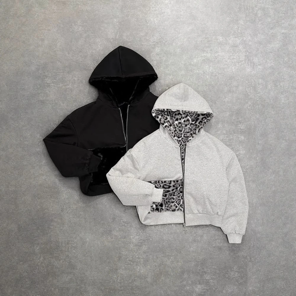 

Retro Leopard Hoodie Zipper Casual Loose Sweater Autumn Winter Personality Europe And United States Style