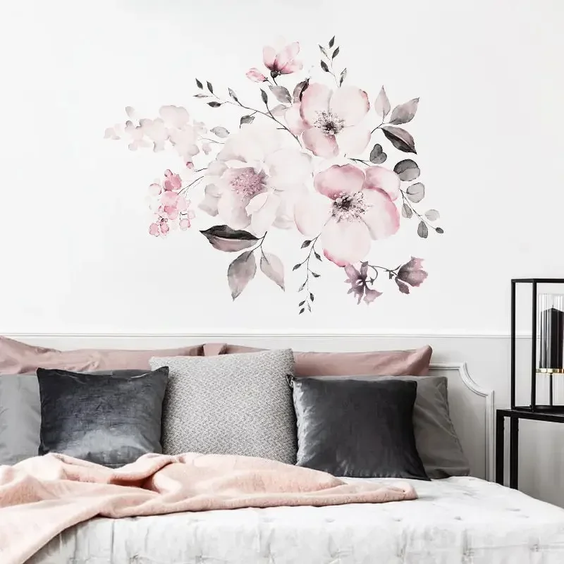 Watercolor Pink Flower and Leaf Combination Wall Stickers Home Background Decoration Stickers Removable Self-adhesive Mural
