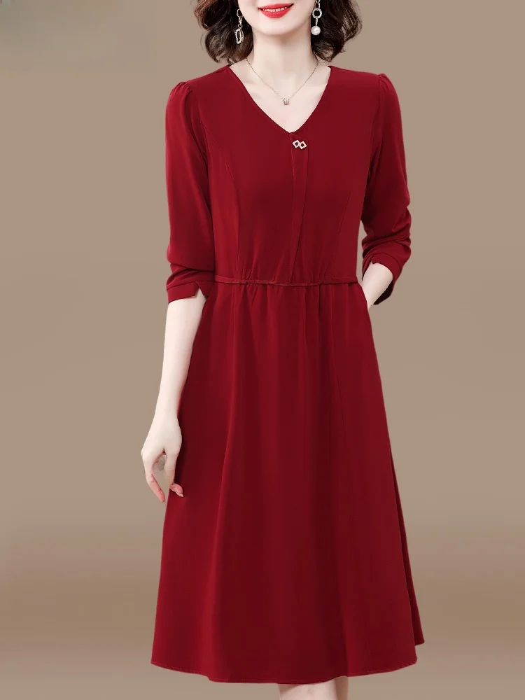 

Осенняя свадебная юбка Dr Faionable свободного кроя с V-образным вырезом, миди, для женщин среднего возраста, из смесового полиэстера, удобная, всесезонная