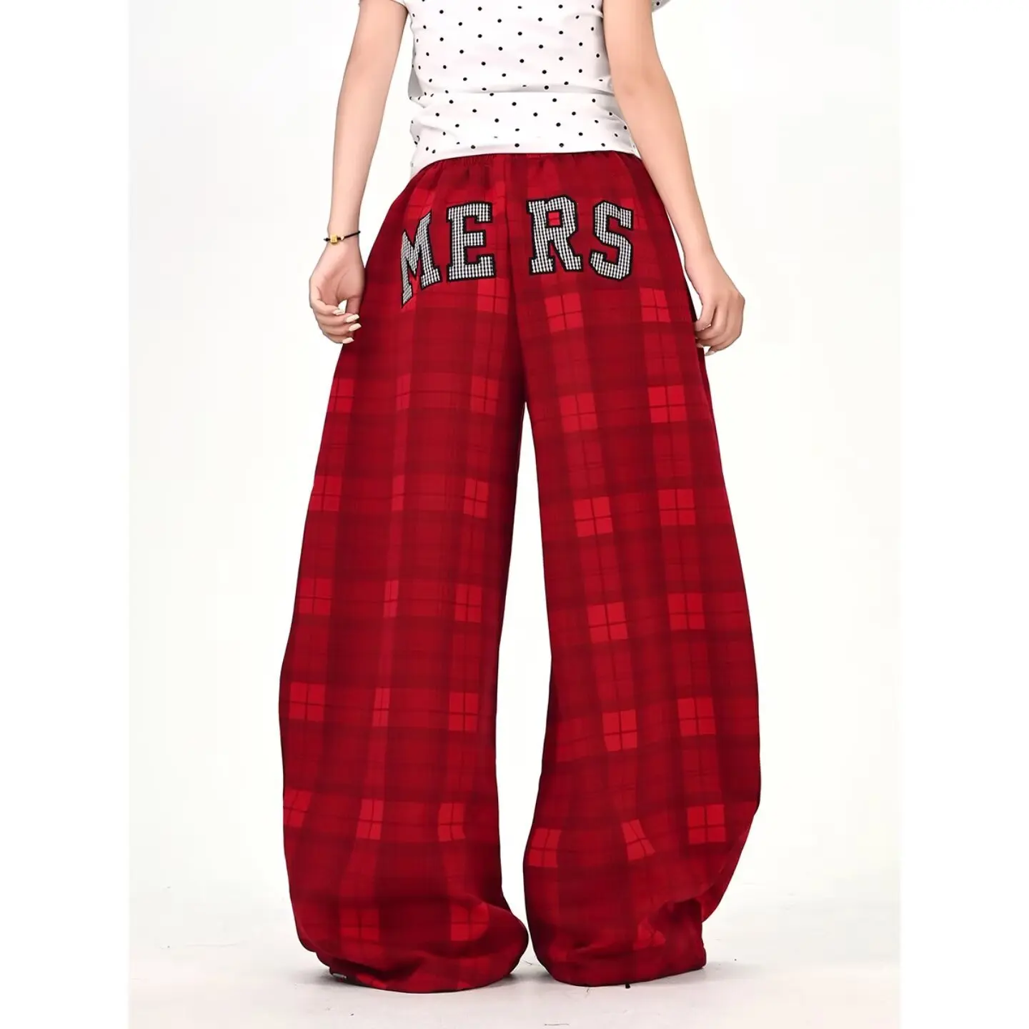 

Винтажные красные клетчатые свободные спортивные штаны для женщин в американском ретро-стиле, уличная одежда 2000-х годов, с вышивкой, повседневные широкие брюки