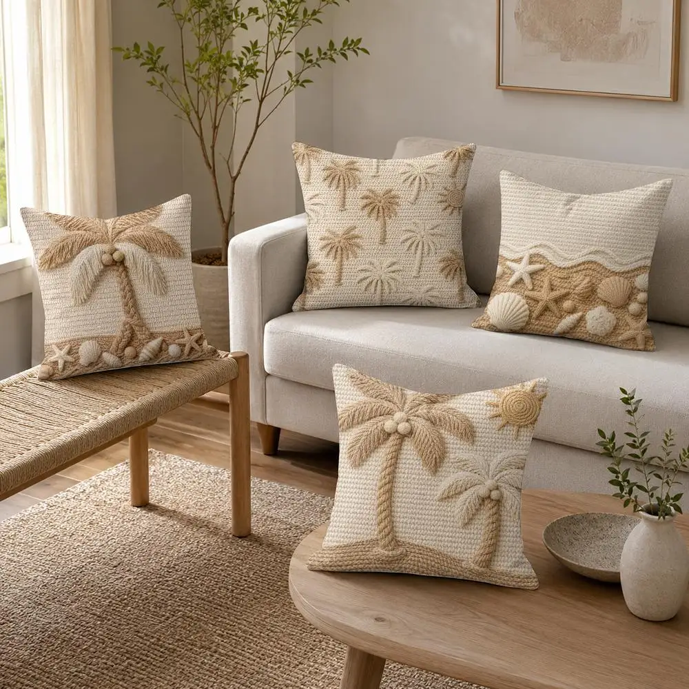 Woven Tropical Shore Cushion Cover Organic Linen Throw Pillow Cover - Double-Sided Print Breathable Cushion Case Home Decor