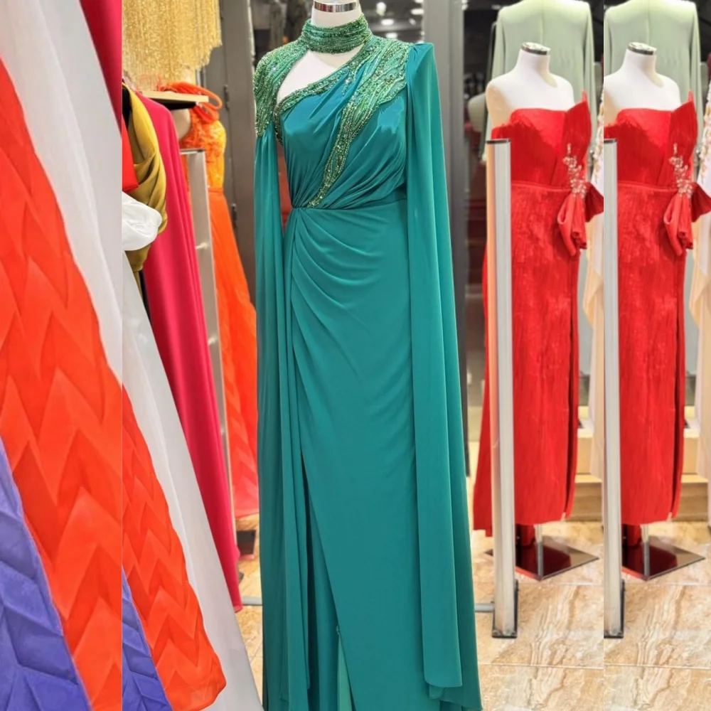

Customized Exquisite Jersey Sequined Pleat Straight High Collar Long Dresses Bespoke Occasion Intricate