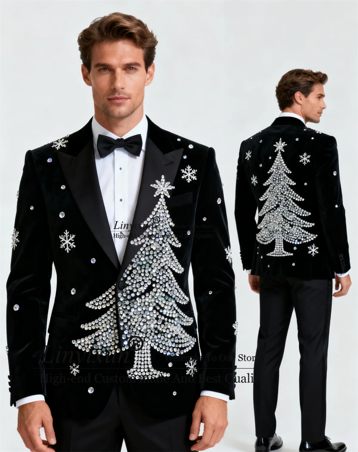 

Handmade Diamond Crystal Men Suits 2 Pieces Sets Christmas Groom Blazer Slim Fit Customized Wedding Party trajes para hombre