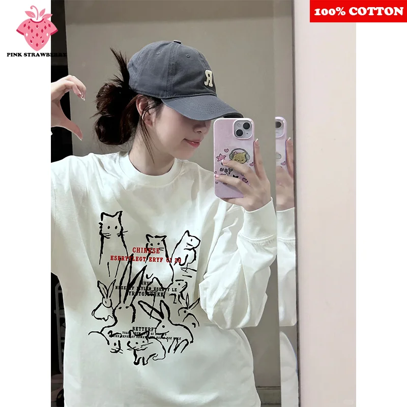 

American Cat Graffiti Print T-shirt Women Autumn Winter 2025 New 100%Cotton Long sleeved Tee Loose Casual Y2k Top kawaii clothes