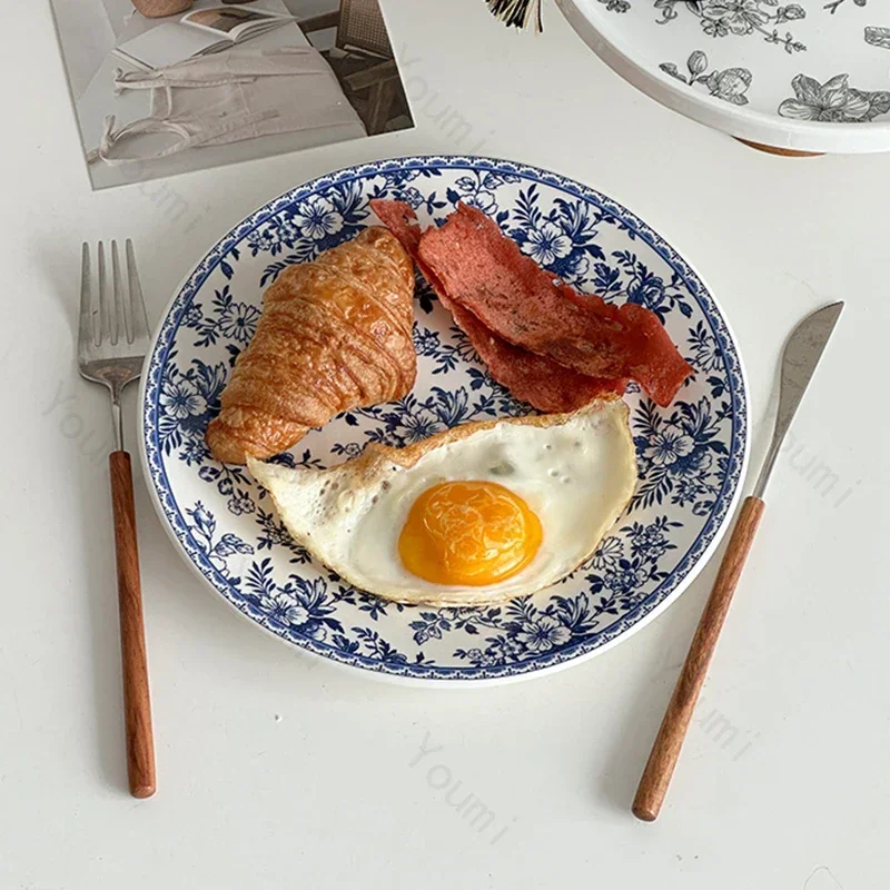 Retro Chinese Style Dining Plates Light Luxury Small Flowers Ceramic Plate Afternoon Tea Dessert Fruit Plate Exquisite Tableware