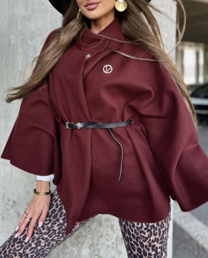 

Women's Urban Jacket 2025 Autumn Winter Latest Casual High Neck Single Button Bell Sleeve Jacket Belted Flowy Cape Coat Top