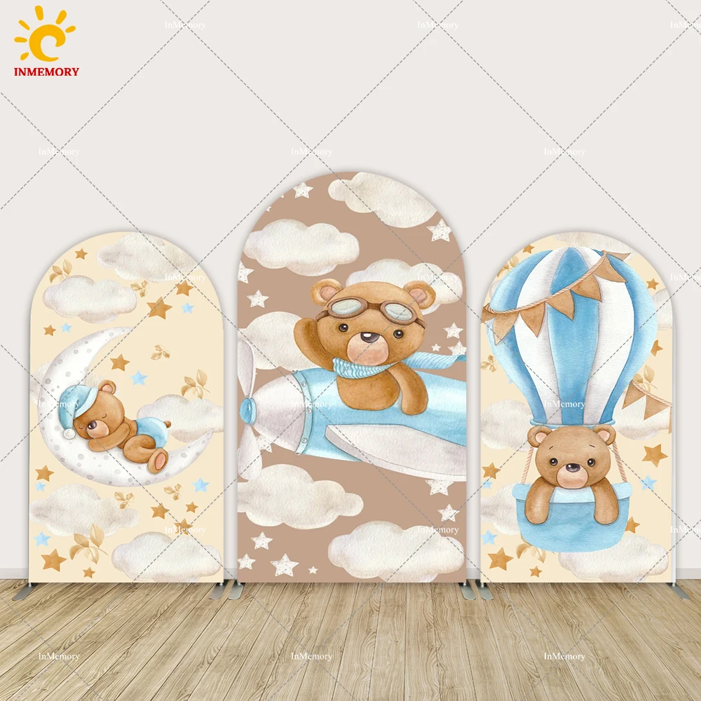 

Airplane Bear Baby Shower Cover Arch Backdrop Photobooth Boy Birthday Party Decoraiton Hot Air Balloons Photo Background