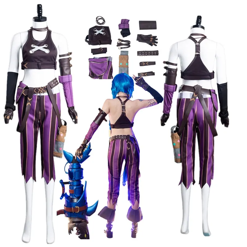 

LoL Fantasia Arcane Jinx Косплей Костюм Для Взрослых Женщин Жилет Брюки Перчатки Пояс Парик Наряды Хэллоуин Карнавал Маскировка Костюм Партии