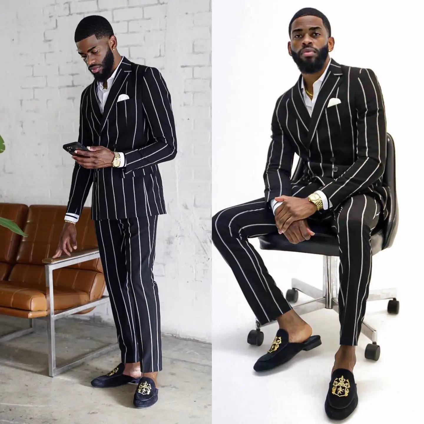 Black Vertical Stripe Men\'s Suit Double Breasted Blazers Sets For Wedding Male Tuxedos Notched Laple 2 Pieces Groom Wear