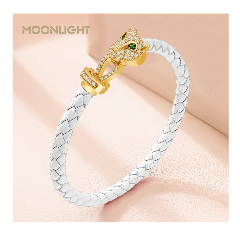 MOONLIGHT Classic Design Exquisite Cheetah Zircon Bracelet for Women Braided Leather Bracelet Quality Banquet Couples Gift