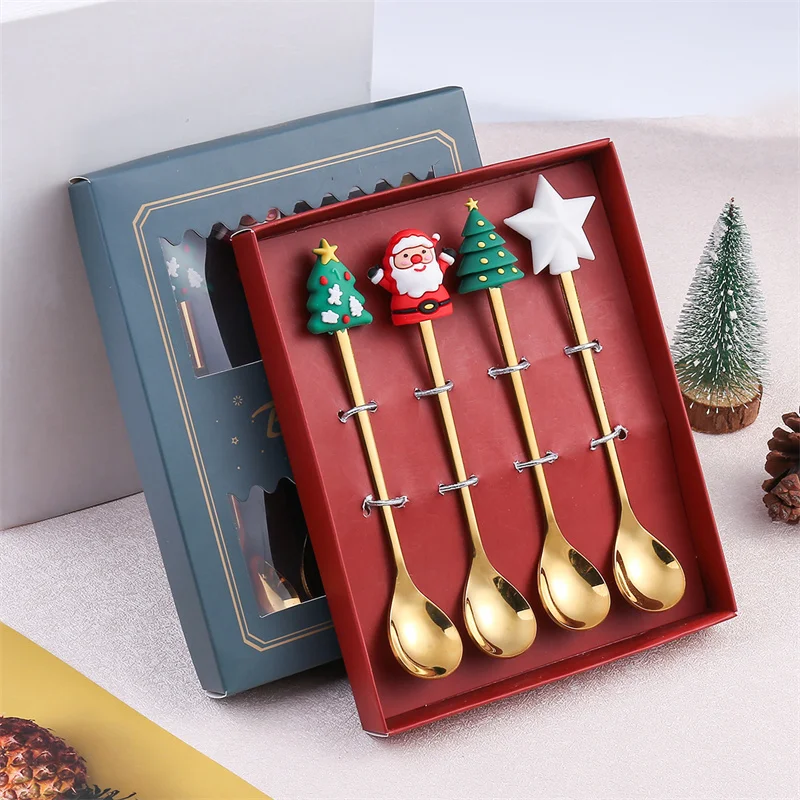 คริสต์มาสช้อนส้อมช้อนส้อมชุด Elk ของขวัญ Christmas Tree Snowman Santa Claus ตกแต่งช้อนขนมหวานผลไม้ส้อมช้อนกาแฟ