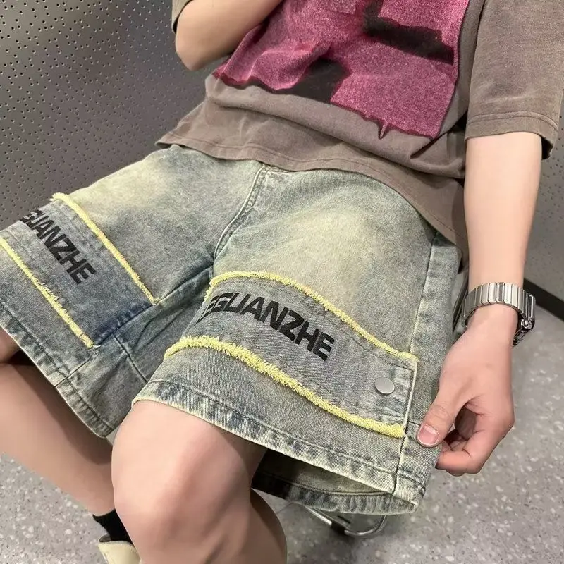 

New 2025 Drawstring Letter Wide Pants Man Denim Shorts Cowboy Summer Embroidery Letter Retro Trendy Brand Loose Baggy Half Pants