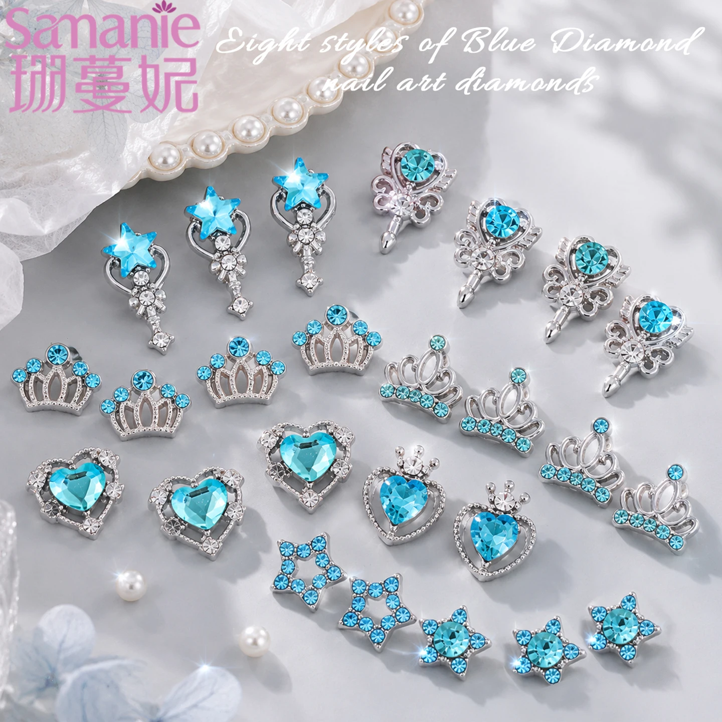 SANANIE Luxury 32PCS Mixed Alloy Magic Wand Nail Charms Sparkling Blue Diamond Metal Crow Heart Design Nail Jewelry Decoration