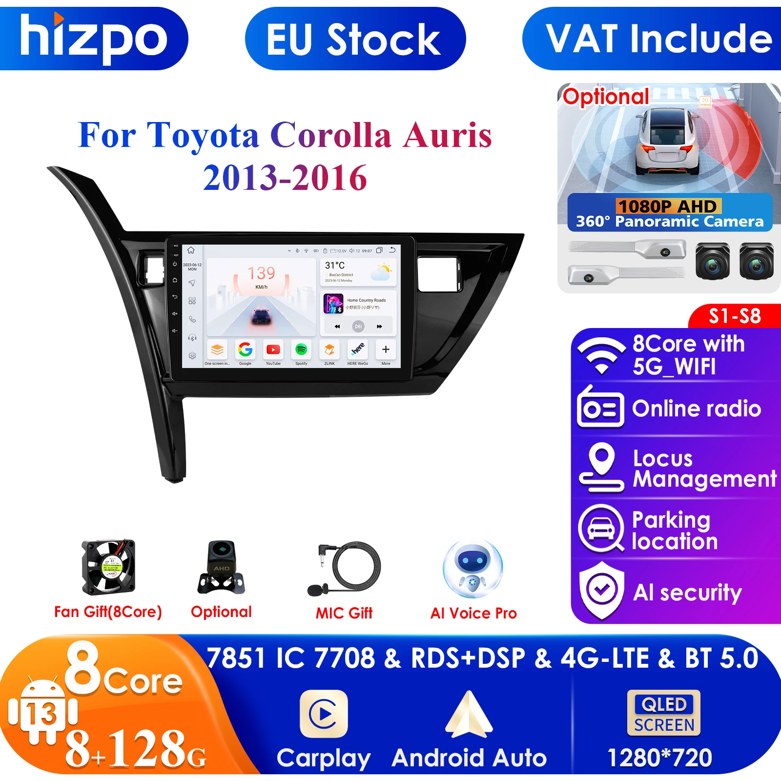 Hizpo 10.1inch 7862 Intelligent Screen Carplay 4G 2Din Android 13 Car Radio for Toyota Corolla Auris 2013-2016 Left Hand Driving