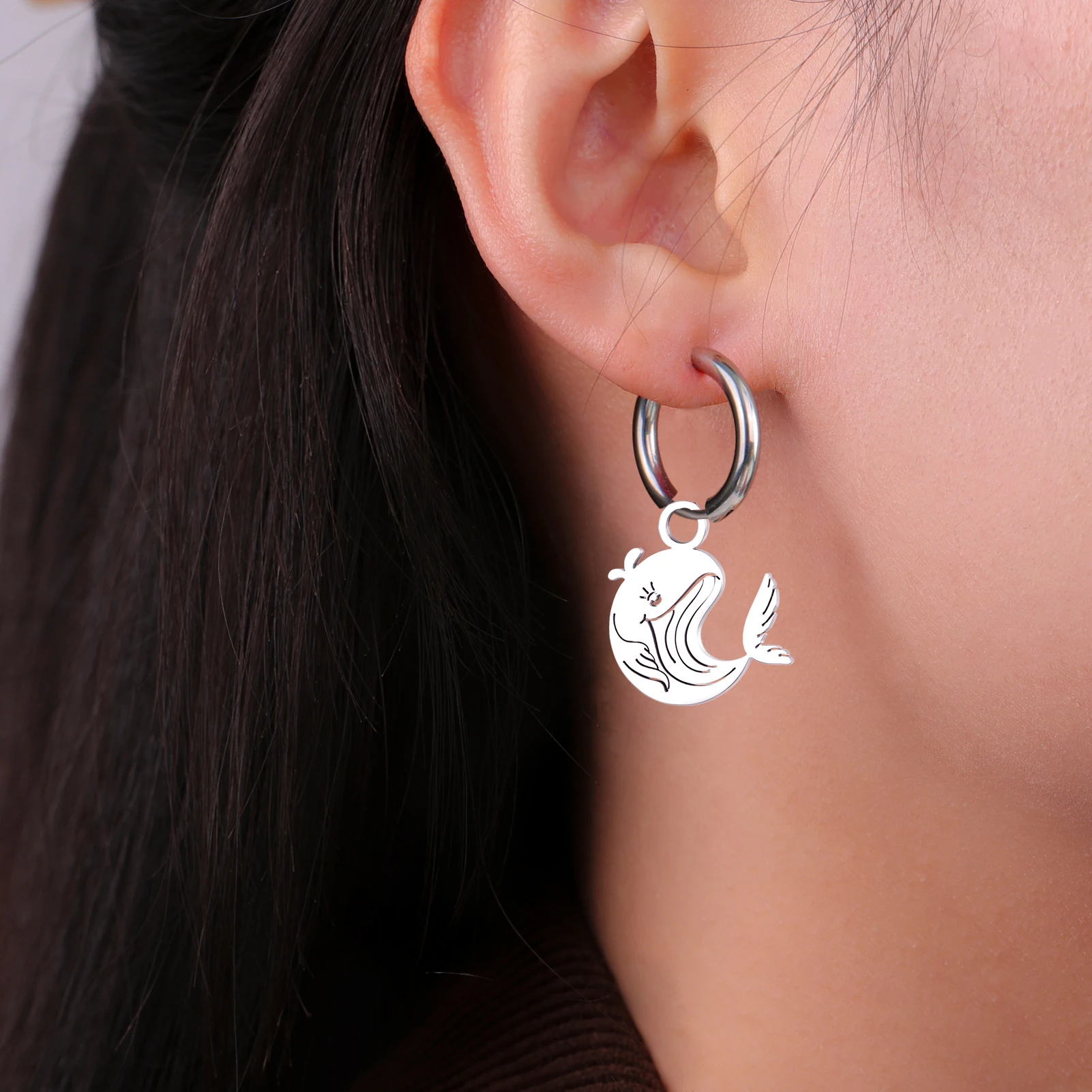 Skyrim Marine Life Drop Earrings Stainless Steel Women Girls Hoop Earring Whale Seahorse Starfish Conch Fish Sea Animal Jewelry