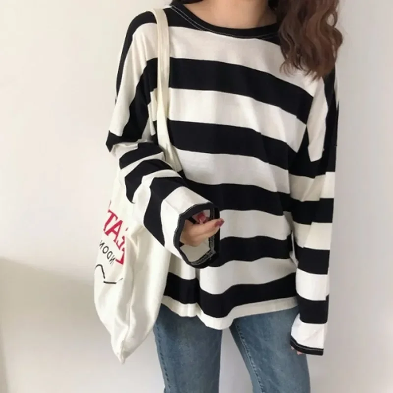 Rainbow Stripe New Model Women's T-Shirt Long Sleeve Casual Loose-Fit Thai Women's Clothing Base Layer Top Crew Neck Design