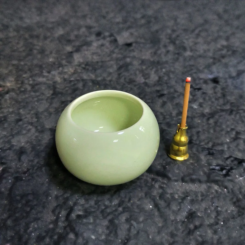 2 in 1 Ceramics Hundred Blessings Vat Stick Incense Burner with Copper Gourd Sandalwood Incense Holder Small Ashtray