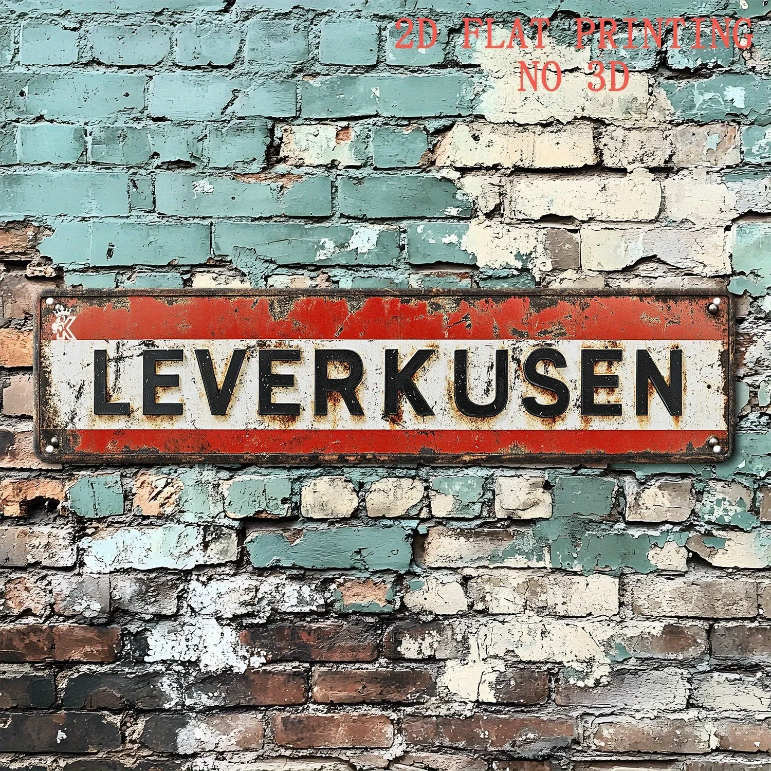2D Flaches Retro-Aluminiumschild „LEVERKUSEN“ – Rustikale rot-weiße Fußball-Dekoration für Männerhöhle, Bar, Garage