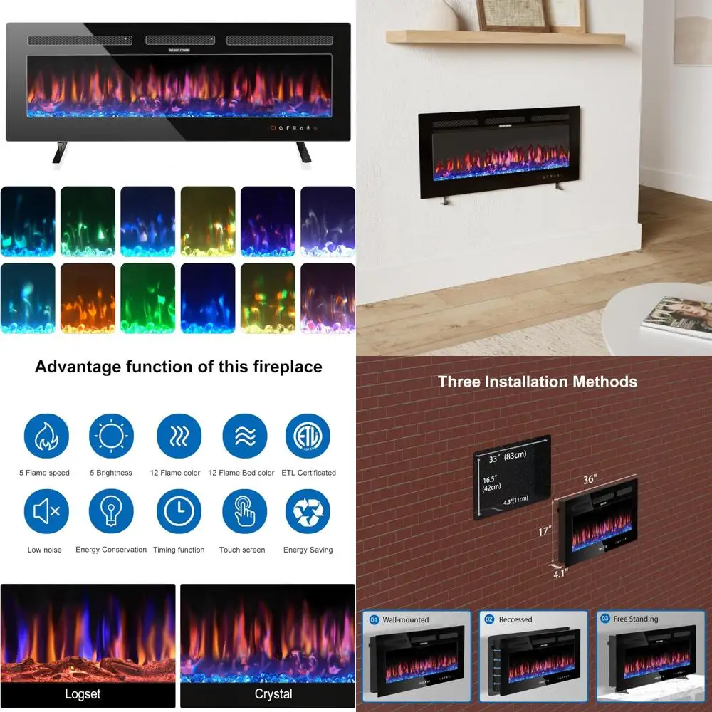 

36 Wall-Mounted & Recessed Electric Fireplace Heater, 750W/1500W Adjustable Flame, Space-Saving Design