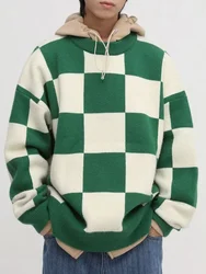 Man Clothes Pullovers Coat Knitted Sweaters for Men Jacket Red Plaid Korean Fashion Over Fit Knit Tops Warm Loose Order S Mode V