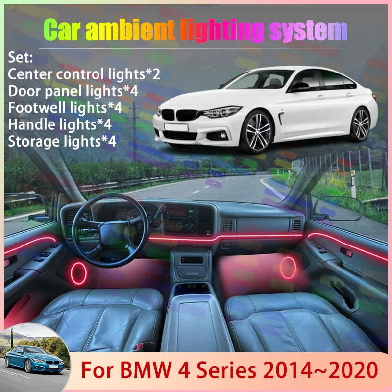 

Для BMW 4 серии 2014 ~ 2020 MK1 F32 F33 F36 купе 2/18 в 1, автомобильная атмосферная лампа, RGB абажур, ансамбль, стример, атмосферный набор