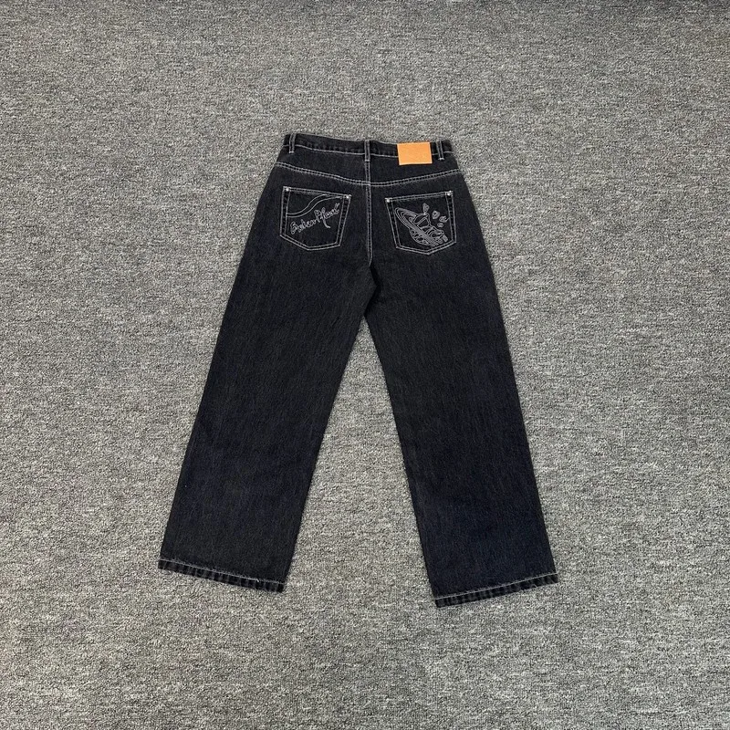 

Американские уличные рваные джинсы с буквенным логотипом и вышивкой, широкие джинсы для мужчин и женщин, модные брендовые длинные брюки для пар, повседневные брюки