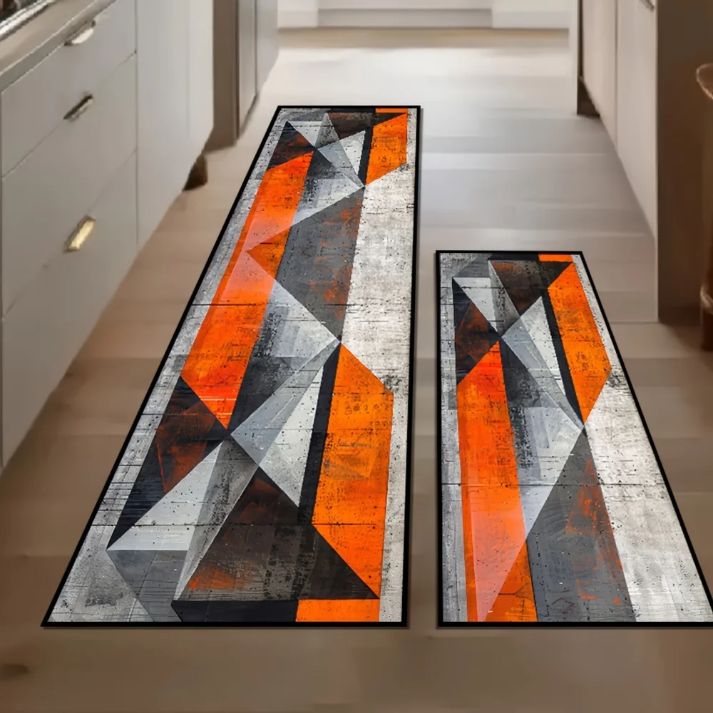 VIKAMA Industrial Style Long Floor Rug Set Distressed Triangle Art Pattern Non‑slip Stain‑resistant Household Kitchen Runner Mat