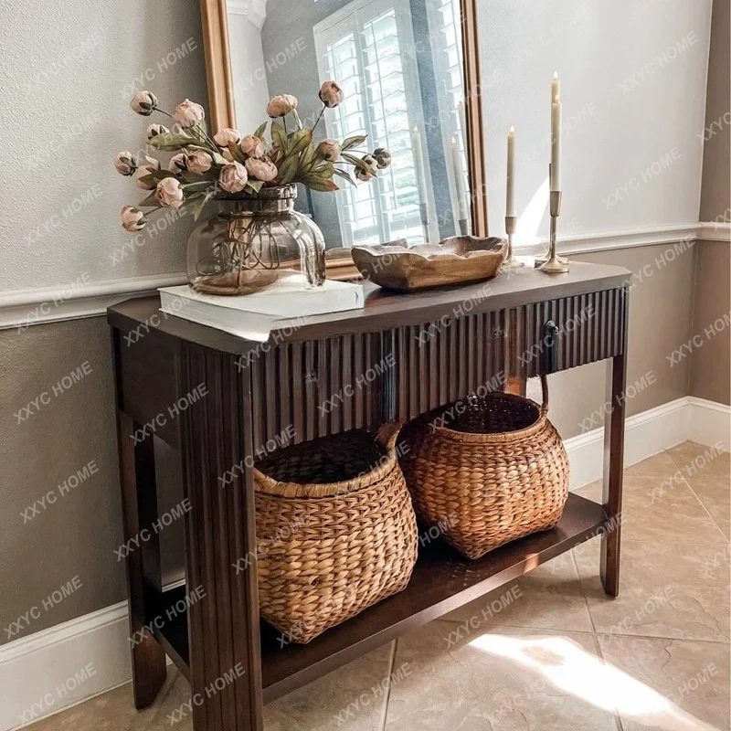 Rural medieval solid wood entrance table, facing the door against the wall, very narrow entrance hall entrance cabinet