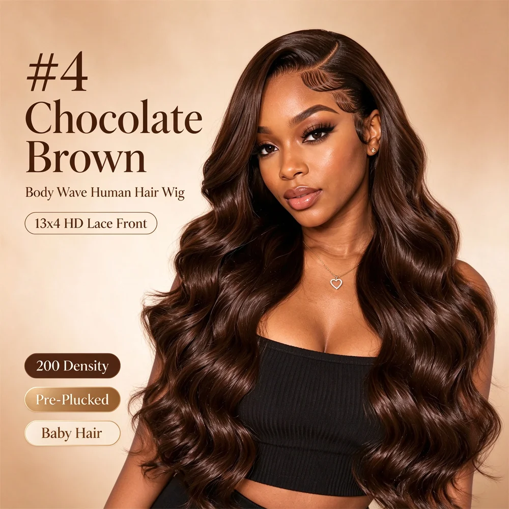 #4 Chocolate Brown Wig Body Wave Human Hair Wig For Women 13x4 HD Lace Front Human Hair Wigs Pre Plucked Baby Hair 200 Density