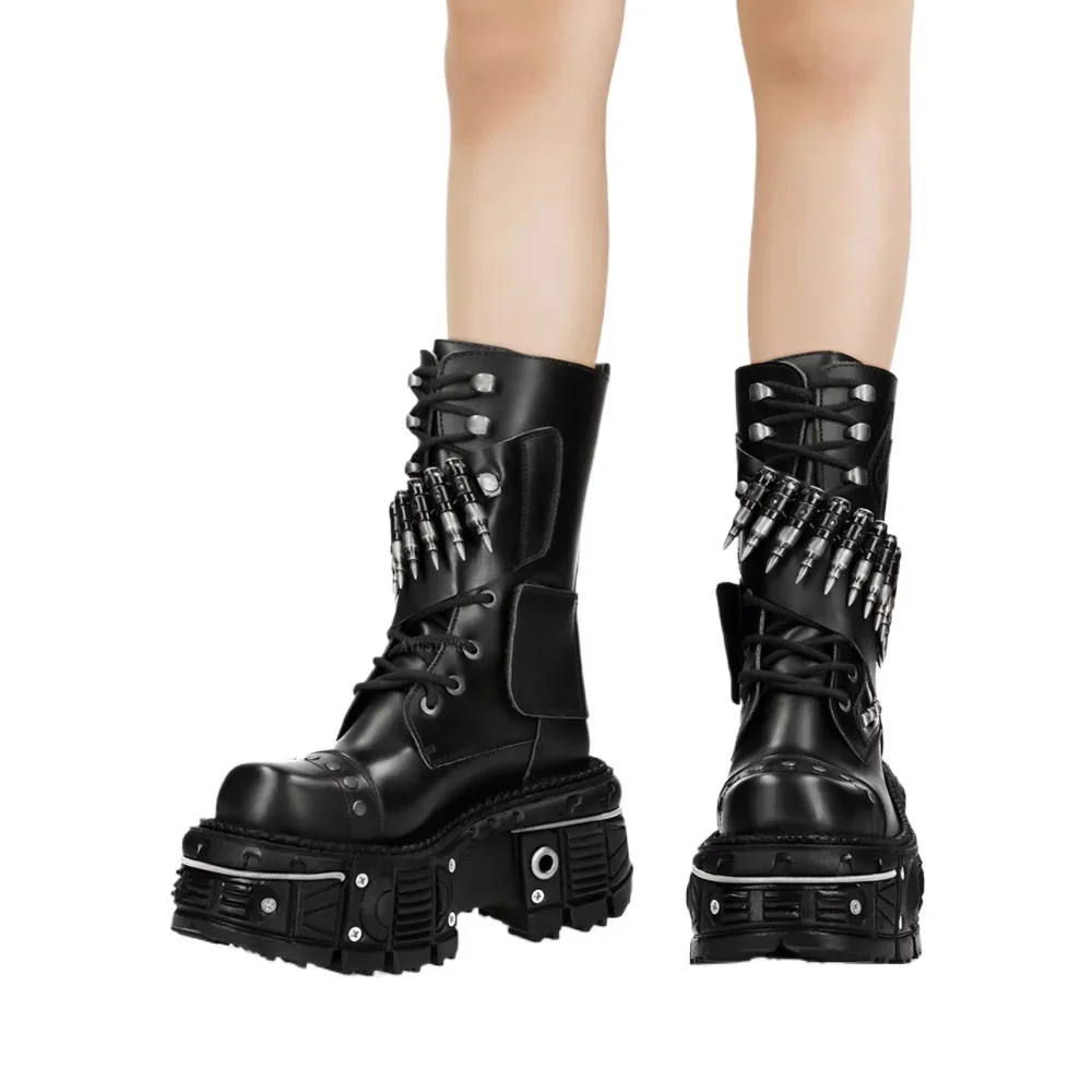 Sepatu Bot Motor Kulit Asli Model Tebal dengan Rivet dan Bullet, Gaya Street Rock Combat Boots Goth Punk Western Riding Boots