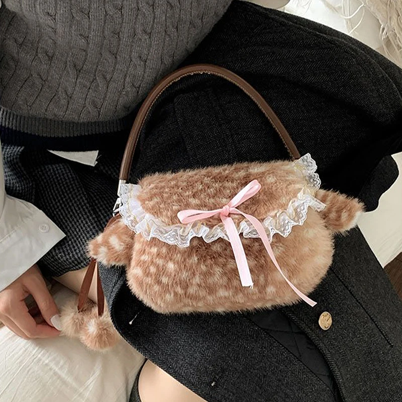 

Lolita Plush Handbag Cute Lace & Bow Decor Faux Fur Shoulder Bag Vintage Brown Top-handle Bag Spotted Deer Pattern Underarm Bag