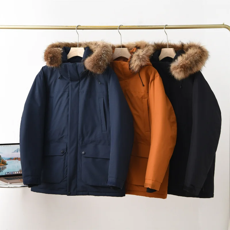 

Couples Raccoon Fur Hooded Down Jackets Outdoor Tooling 2025 Winter Big Fur Collar Men Women Orange Loose White Duck Navy Blue
