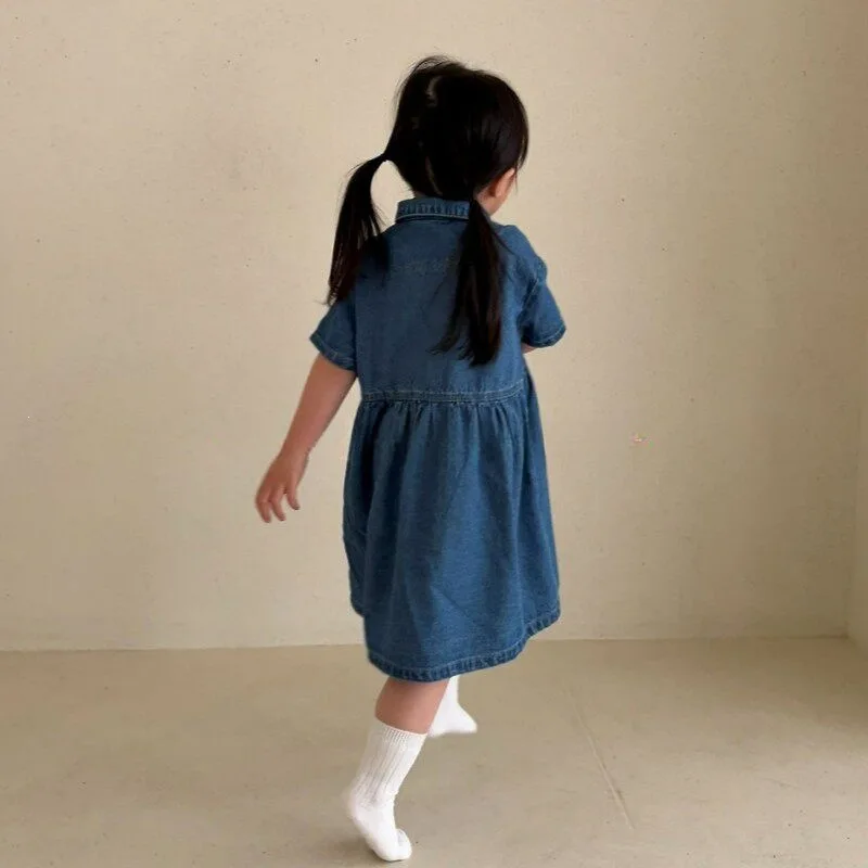 Girls' Collar Denim Buckle Short Sleeved Dress 2026 Summer Styles Cute and Thin Dress for Girls and Children Skirt