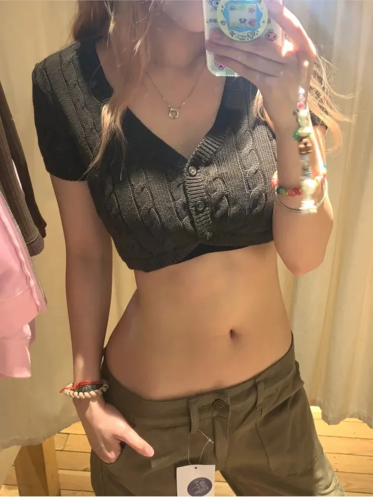 

Укороченный кардиган в стиле ретро с цветочным принтом, женский хлопковый вязаный укороченный топ на пуговицах с v-образным вырезом и короткими рукавами, осенний винтажный милый трикотаж Y2K