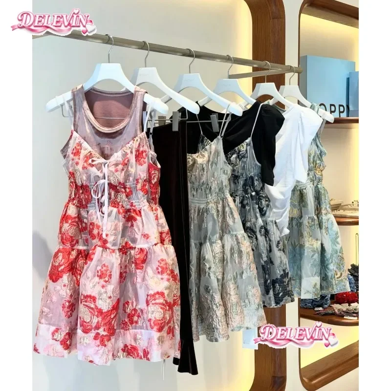 Japanese Style Red Rose Flower Suspender Dress Women Summer New Sweet Cute Loose Fashion Vest Dress Female Long Dresses