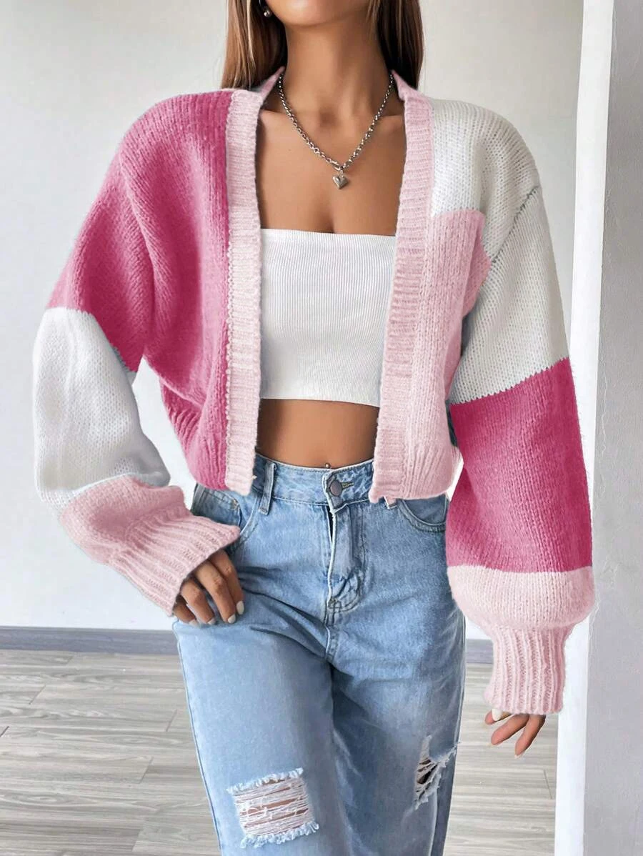 Color Block Open Front Knit Cardigan Casual Lantern Sleeve Crop Sweater Women\'s Clothing