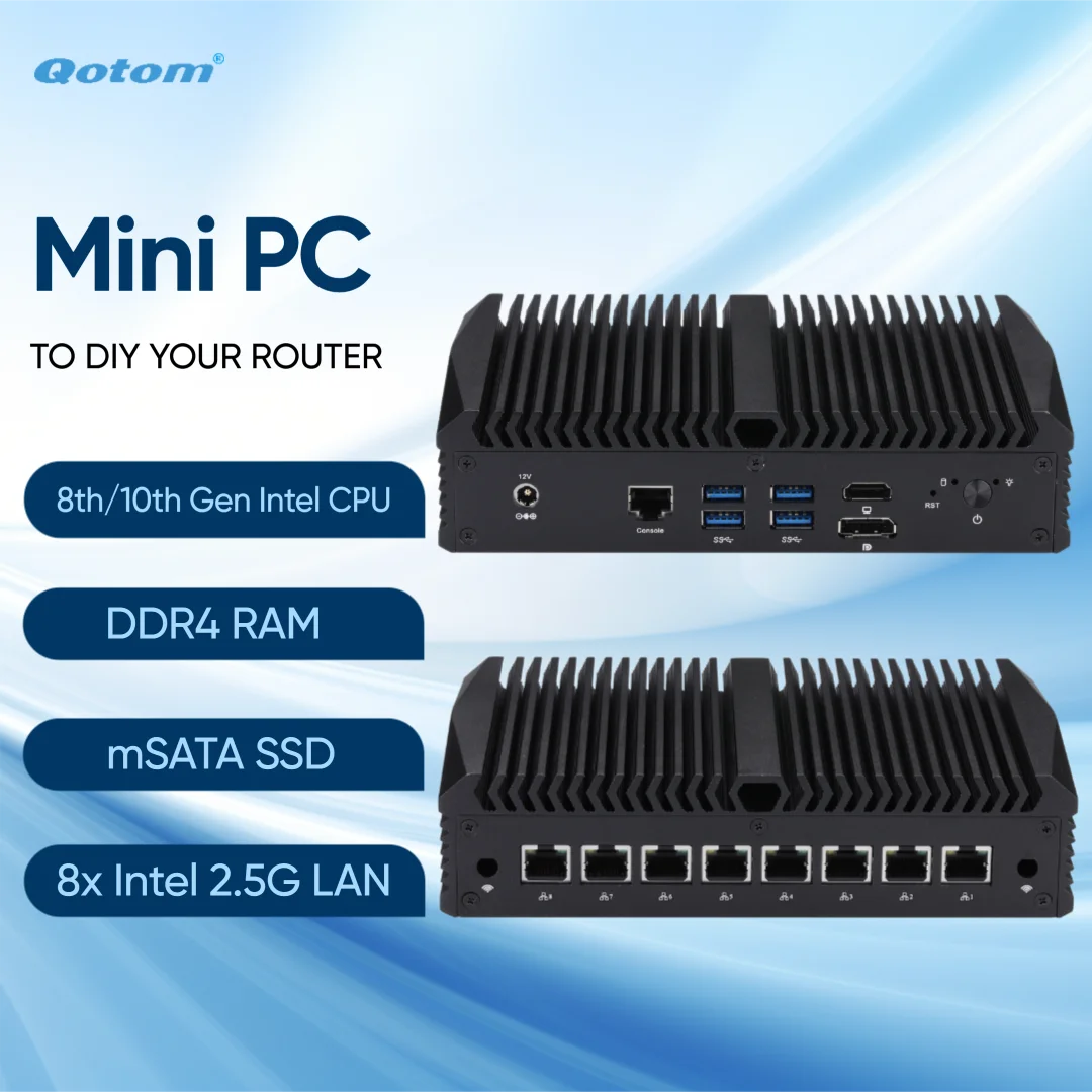 Qotom Barebone Mini PC 8x Intel 2.5G LAN To DIY Powerful Router Firewall VPN 8th/10th Gen Intel Celeron Core i3 i5 i7 Processors