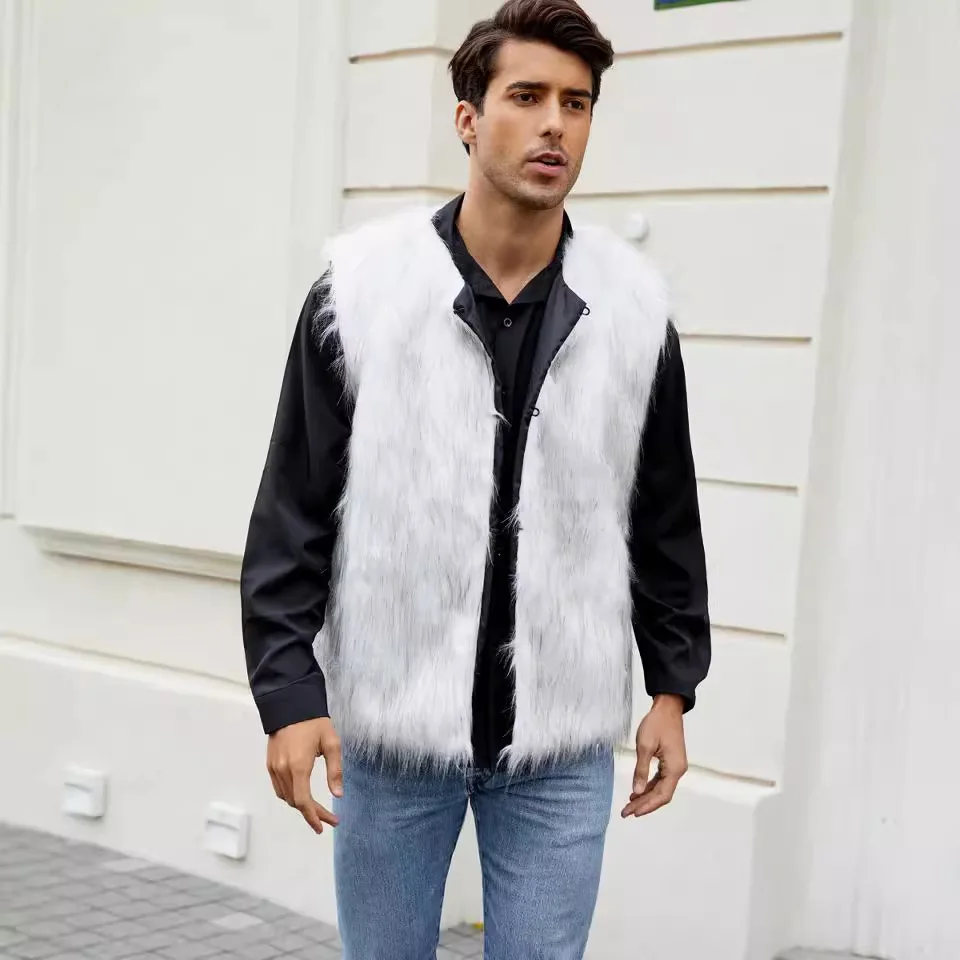 

Men Faux Fur Vest Thick Long Sleeve Warm Outerwear V Neck Sleeveless Spliced Jacket Casual Elegant Vests Autumn Winter