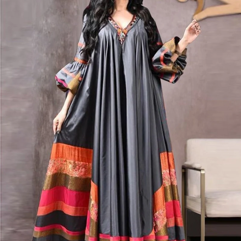 Elegant Lady 3/4 Lantern Sleeve Big Swing Party Dress 2023 Fashion Women V Neck Print Boho Pleated Dress Female Loose Robe Dress