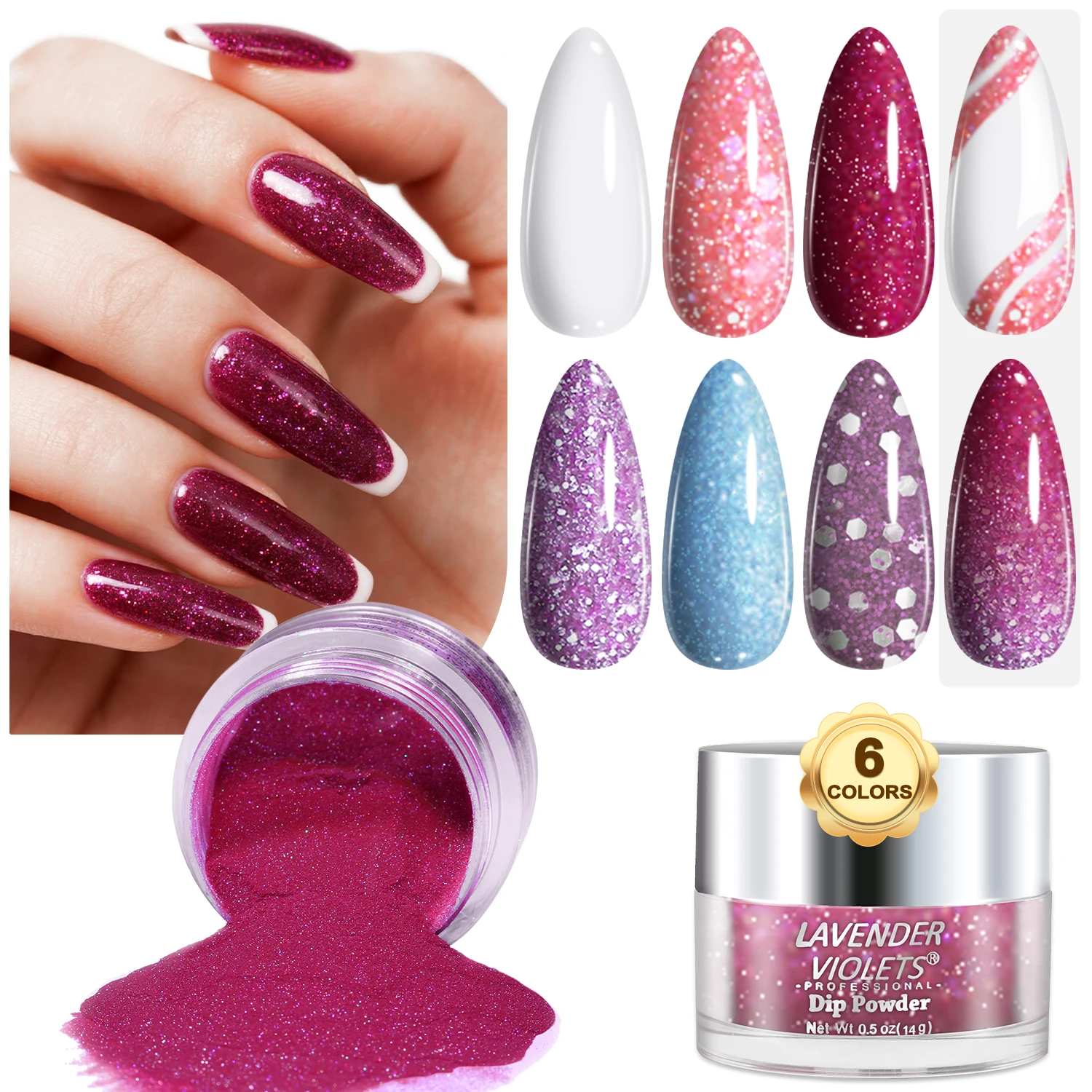 

6pcs Large Capacity Glitter Pink Purple Blue Colors Air Dry Dipping Powder Set Long Lasting for Manicure Nail Art Design