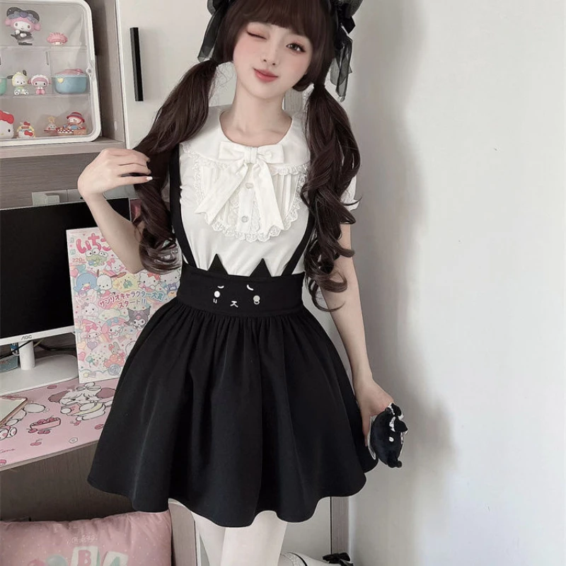 Ensemble de jupe Sweet Lolita pour femme, col claudine Kawaii, t-shirt à nœud, sangle imprimée chat, mini jupes gothiques pour femme, trempée Lolita, Y2K