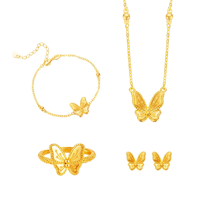 

Pure 18K Gold Color Butterfly Shape Necklace Ring Bracelet for Women Fine Jewelry Sets Wedding Birthday Gifts Not Fade