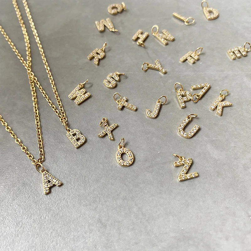 Initial 26 Letter Pendant Necklace and Bracelet Set with Zircon Charms Gold Plated Stainless Steel DIY Alphabet Jewelry