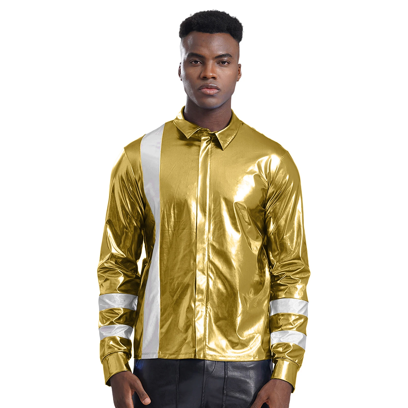 Mens Metallic Disco Shirts Long Sleeve Turn-Down Collar Color Block Zipper Shirt Nightclub Rave Party Music Festival Clubwear