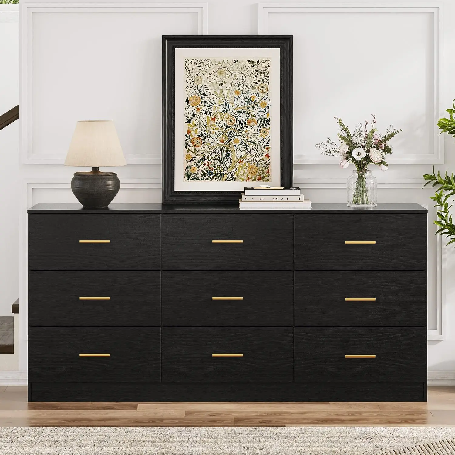 Angel Sar 9 Drawer Dresser For Bedroom, Modern Black Dresser, Long Chest Of Drawers With Golden Handles, Leg Free Design &