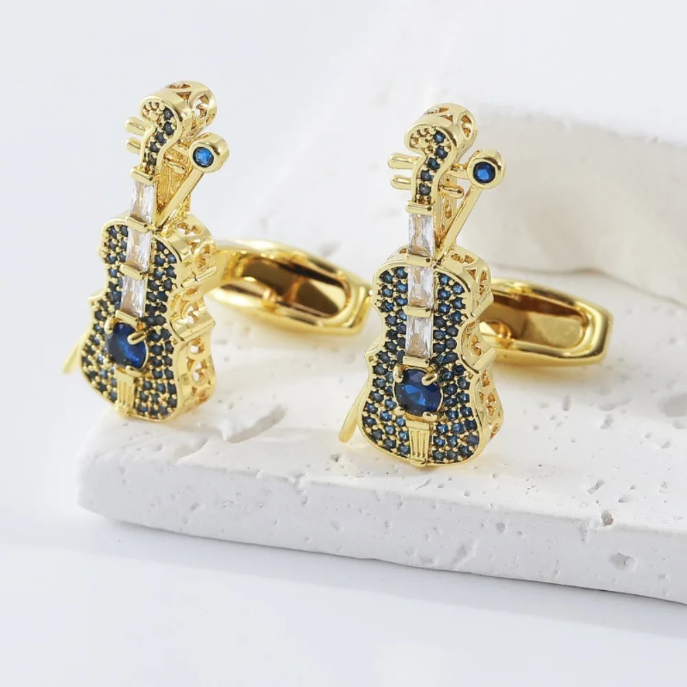 A Pair Violin Shaped Zircon Cufflinks for Men French Style Shirts Sleeve Studs Music Style Suits Cufflinks Accessories
